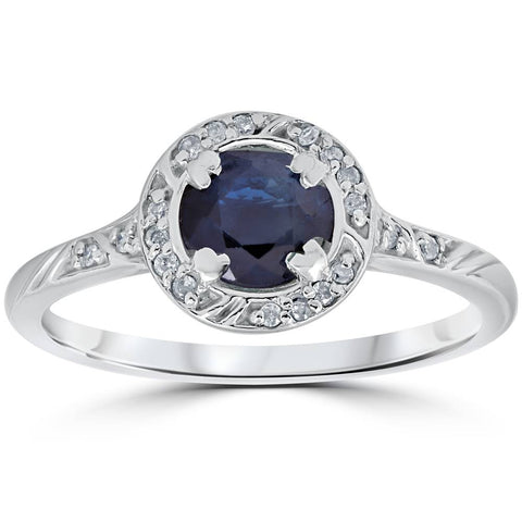 7/8ct Blue Sapphire   Diamond Engagement Ring 14K White Gold