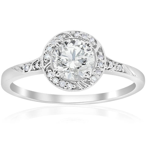 1 ct Diamond   Halo 3/4ct ctr Engagement Ring Deco Design 14k White Gold