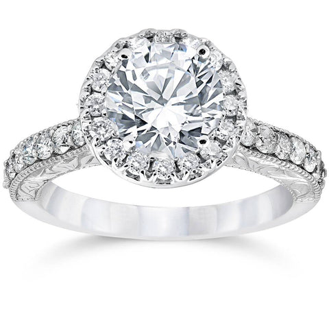 2ct   Enhanced Diamond Halo Engagement Ring 14K White Gold Engraved Detail