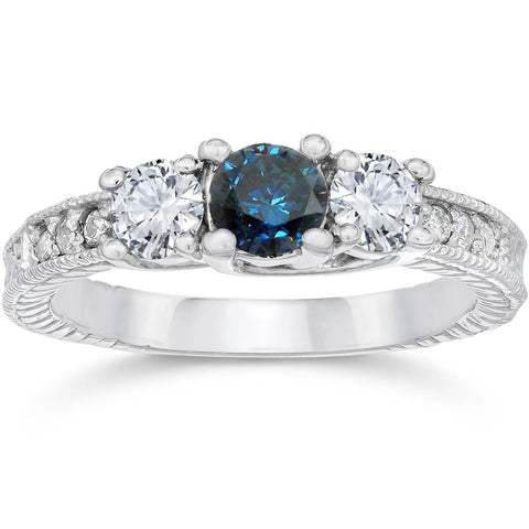 1ct   Treated Blue Diamond 3-Stone Engagement Ring 14K White Gold