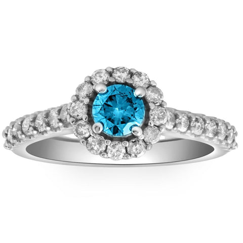 1 3/8ct Lab Grown Blue Diamond Halo Engagement Ring Solid 14K White Gold