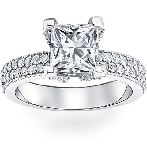 Certified 2 7/8ct Princess Cut Pave Lab Grown Diamond Engagement Ring White Gold