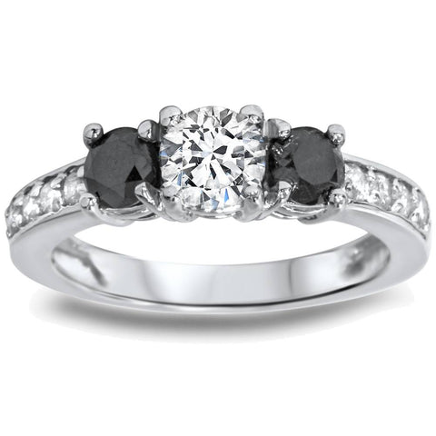 1 Carat Treated Black & White Diamond 3 Stone Ring 14K White Gold