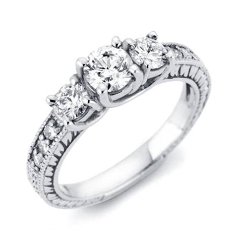 1/3ct   Three Stone Round Diamond Engagement Ring 14K White Gold