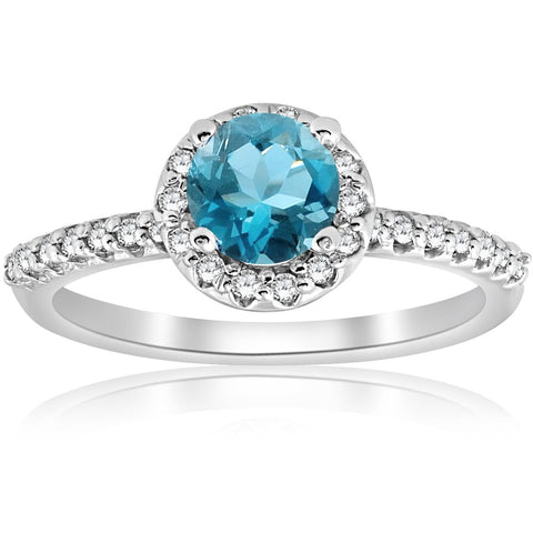 1ct  Treated Blue Topaz & Diamond Round Halo Engagement Ring 14K White Gold