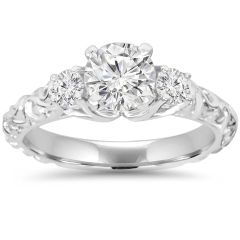 1 1/3Ct   3-Stone (1Ct Center) Enhanced Diamond Engagement Ring White Gold