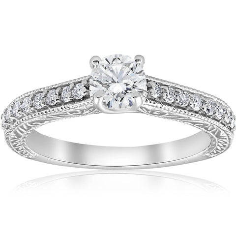 3/4 ct   Round Diamond Engagement Solitaire Antique Ring 14K White Gold