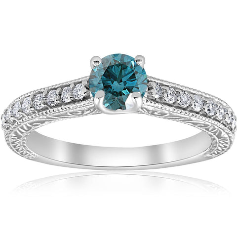 3/4ct Blue & White Diamond   Engagement Ring 14K White Gold