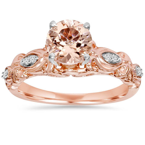 1 Ct Morganite & Genuine Diamond   Engagement Ring 14K Rose Gold