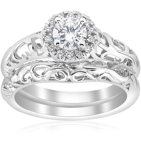 5/8cttw Halo Diamond   Engagement Wedding Ring Set 14k White Gold Filigree