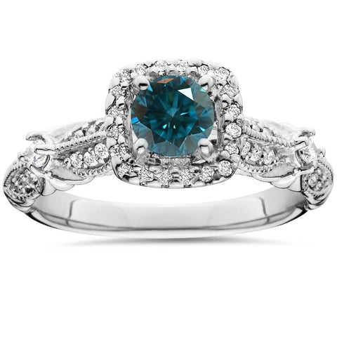 1 1/2ct Blue Diamond Cushion Halo Engagement Ring 14K White Gold Lab Grown