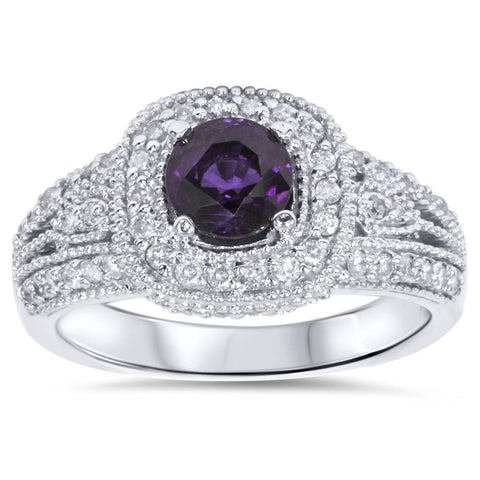 1 1/2ct   Amethyst & Diamond Halo Ring 14K White Gold