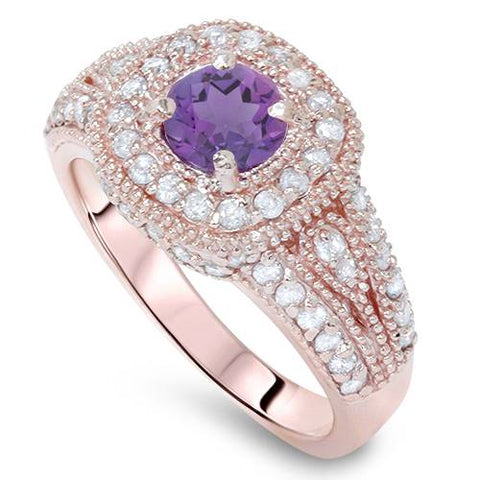 1 1/3ctW Diamond & Amethyst   Filigree Pave Halo Ring 14K Pink Rose Gold