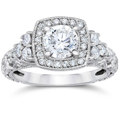 1Ct Cushion Halo Round Diamond   Engagement Ring 14K White Gold