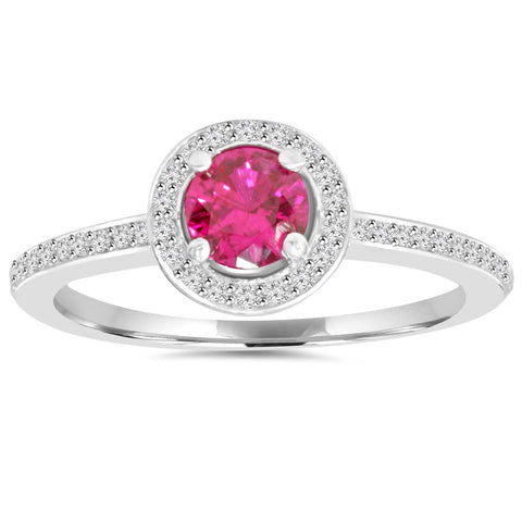 3/4ct Ruby Halo Diamond Pave Enagement Ring 14K White Gold