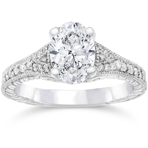 1 1/4ct Oval Diamond   Engagement Ring Solitaire Antique 14K White Gold