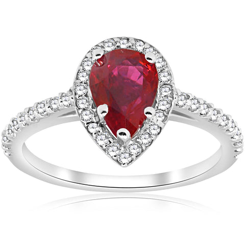 1 1/2ct Pear Shape Ruby & Diamond Halo Ring 14K White Gold