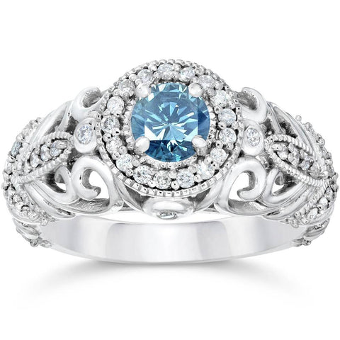 3/4ct Blue & White Diamond   Halo Engagement Ring 14K White Gold