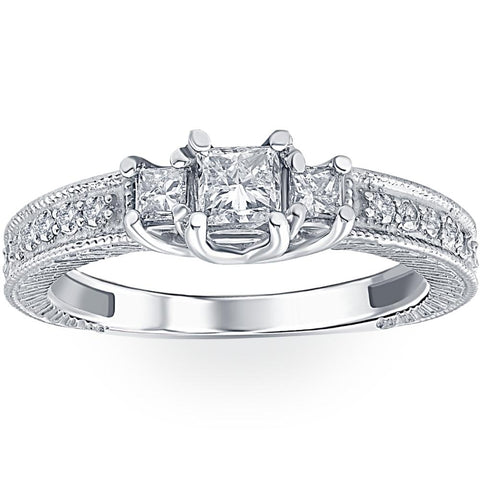 1/2ct   Three Stone Princess Cut Diamond Engagement Ring 14K White Gold