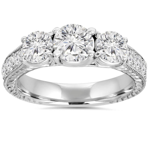 1 3/4ct   Three Stone Round Diamond Engagement Ring 14K White Gold