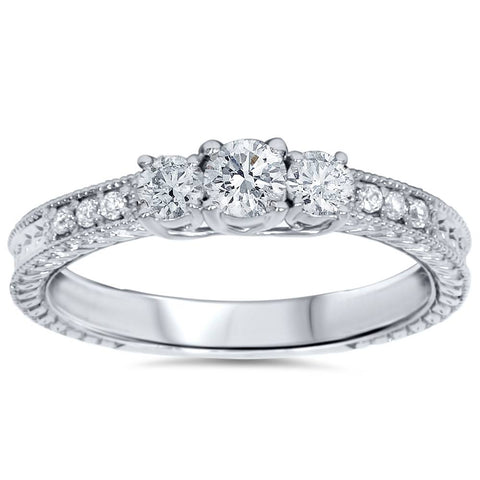 1/2ct   Three Stone Round Diamond Engagement Ring 14K White Gold