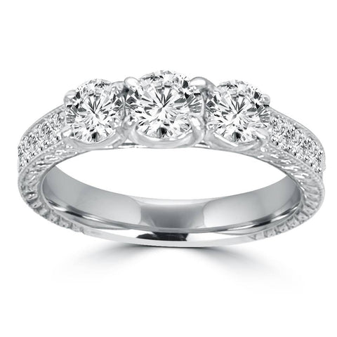 1 1/2ct   Three Stone Round Diamond Engagement Ring 14K White Gold