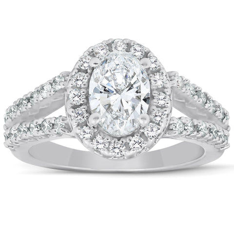 1 1/2Ct Oval (1ct Center) Diamond Halo Engagement Ring Lab Grown 14k White Gold