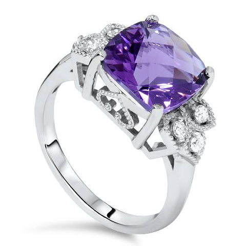 4ct Cushion Amethyst   Diamond Ring 14K White Gold