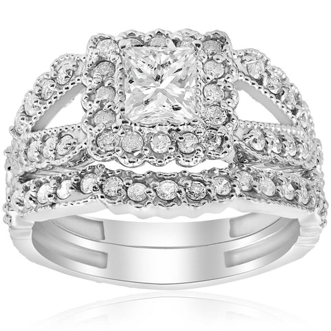 1 1/10ct Princess Cut Halo Diamond Engagement Ring 14K White Gold   Antique