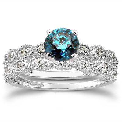 1/2ct   Treated Blue & White Diamond Engagement Ring Set 14K White Gold