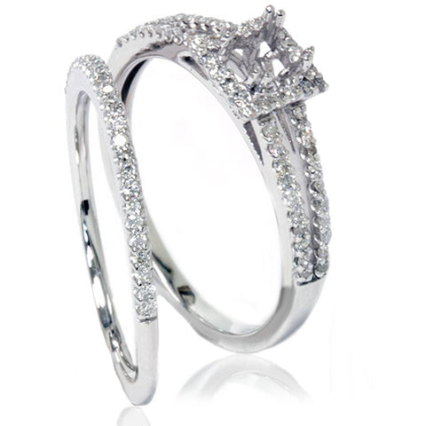 3/8ct Split Shank Princess Cut Halo Engagement Ring Setting 14K White Gold