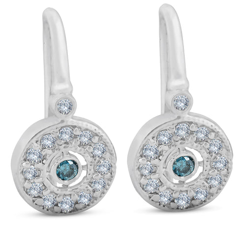 1/3ct Pave Diamond Blue & White   Halo Earrings 10K White Gold 1/2" Tall