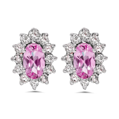 3/4ct Halo Diamond Pink Topaz Studs 14K White Gold