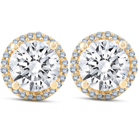 VS 2 1/5 Ct Diamond Halo Screw Back Studs Yellow Gold Moissanite