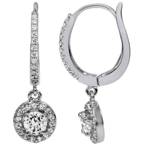 5/8ct Pave Diamond Hoop Dangle Lever Back Earrings 18K White Gold 1" Tall