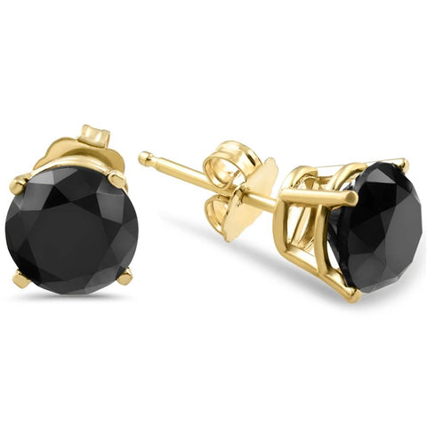 3 TCW 14k Yellow Gold Round Black Diamond Stud Earrings Treated