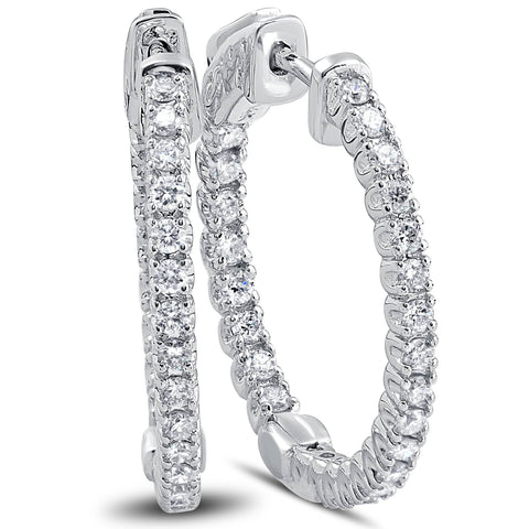 VS/G 1.25 Ct Diamond Oval Shape Inside Outside Hoops Earrings 14k White Gold 1"