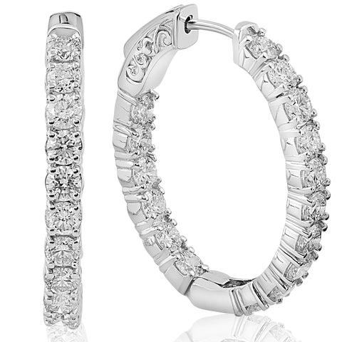 G VS2 3.79CT Inside Outside Diamond Hoops 28MM tall 14k White Gold Round Cut