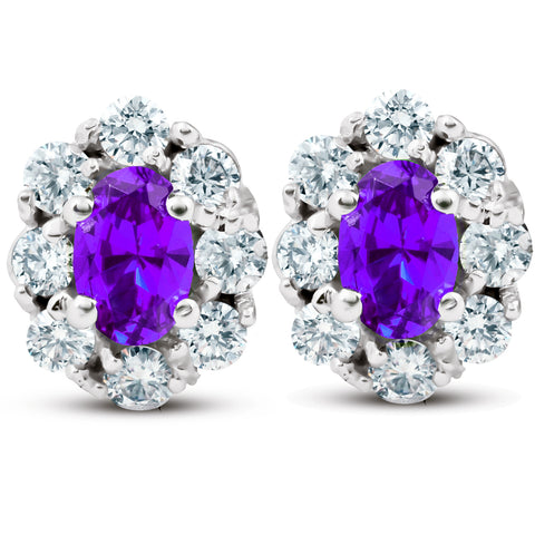 3 Ct Amethyst & Diamond Halo Studs 14k White Gold