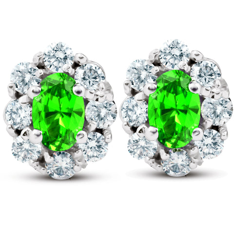 3 Ct Peridot & Diamond Halo Studs 14k White Gold