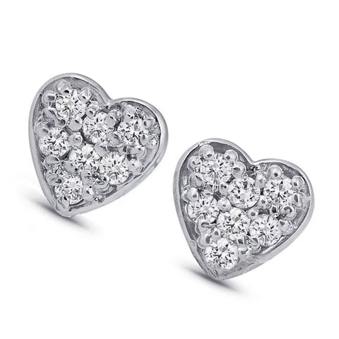 14K White Gold Diamond Pave Small Heart Studs Dainty High Polished 5.7MM