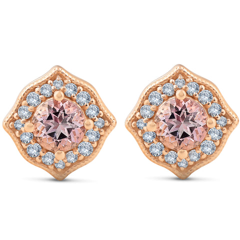 5/8ct Pink Topaz & Diamond   Halo Studs 14k Rose Gold