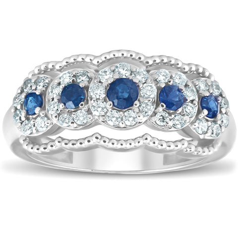 1ct Blue Sapphire & Diamond   Anniversary Ring 14K White Gold