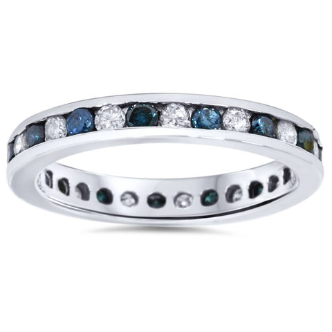 1ct Blue & White Diamond Eternity Guard Ring 14K White Gold