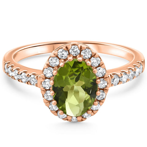 G/VS 1 1/2Ct Oval Peridot Halo Diamond Ring 14k Gold Lab Grown