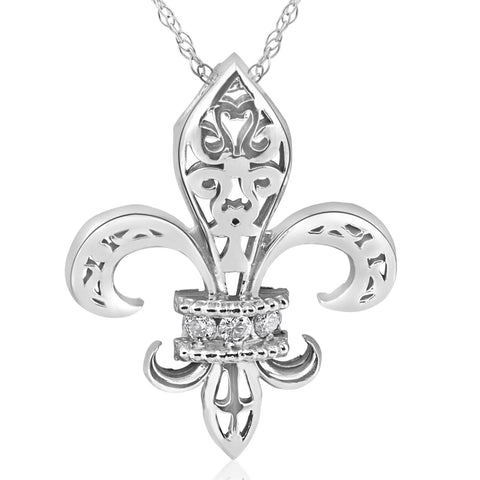 1/10ct   Fleur De Lis Pendant 14K White Gold 1" Tall