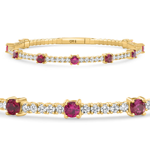 5Ct Ruby & Diamond Diamond Tennis Flexible Bangle Bracelet Yellow Gold Lab Grown