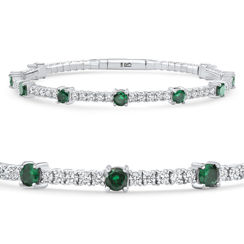 5Ct Emerald & Diamond Diamond Tennis Flexi Bangle Bracelet White Gold Lab Grown