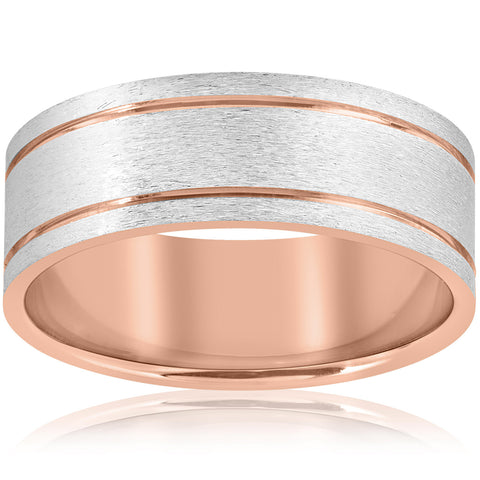 14k Rose Gold 8MM Two Tone Flat Brushed Comfort Fit Mens Wedding Band