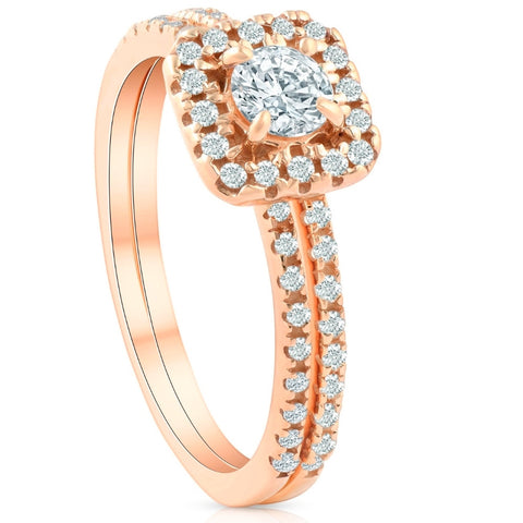 5/8 Ct TDW Diamond Cushion Halo Engagement Wedding Ring Set Rose Gold